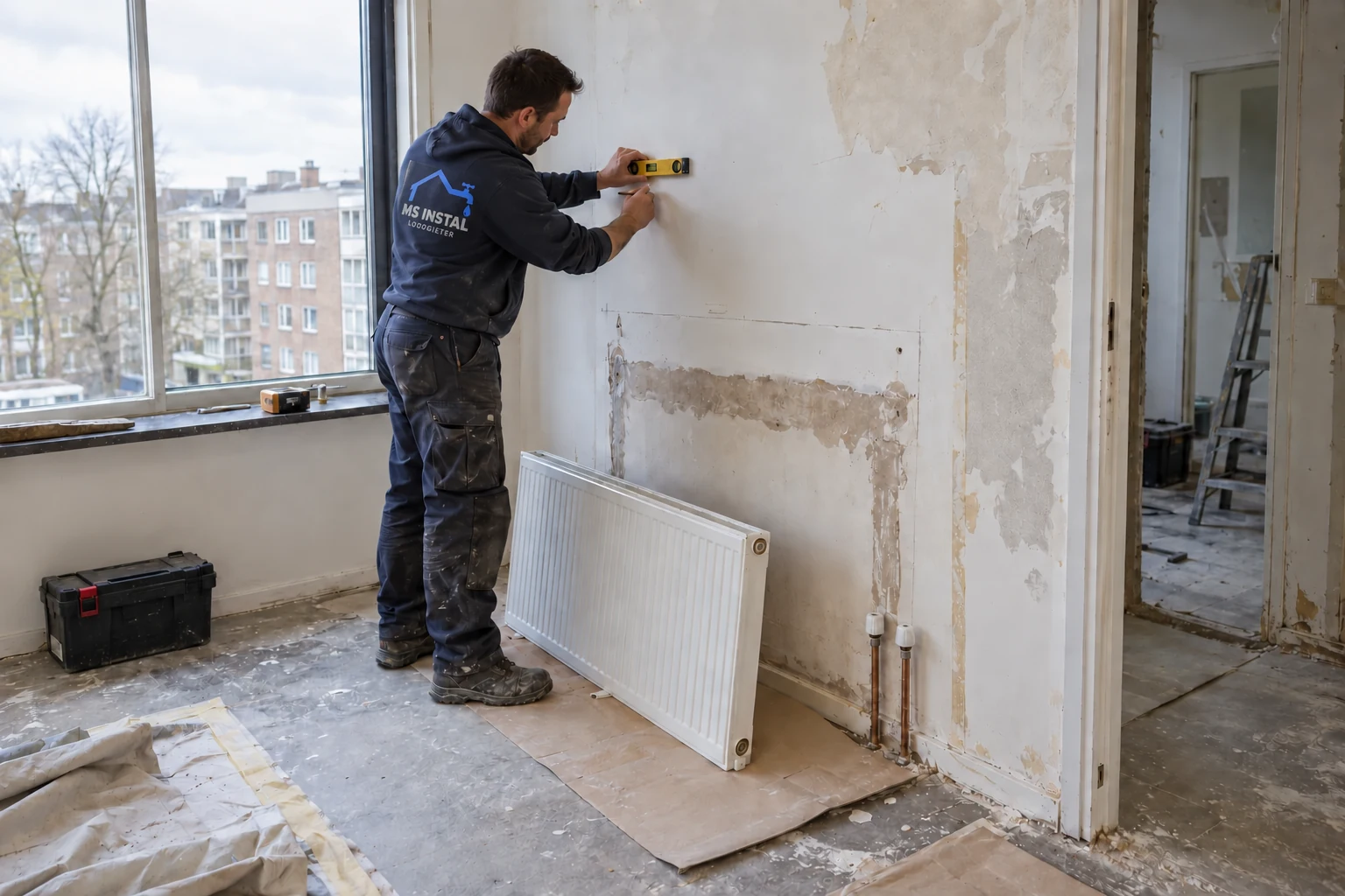 Monteur markeert de bevestigingspunten voor een radiator in een woning tijdens renovatie