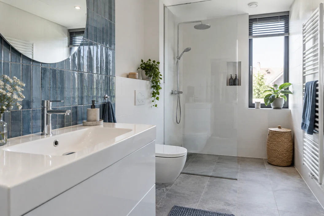 Moderne badkamer met wastafel, kraan en inloopdouche